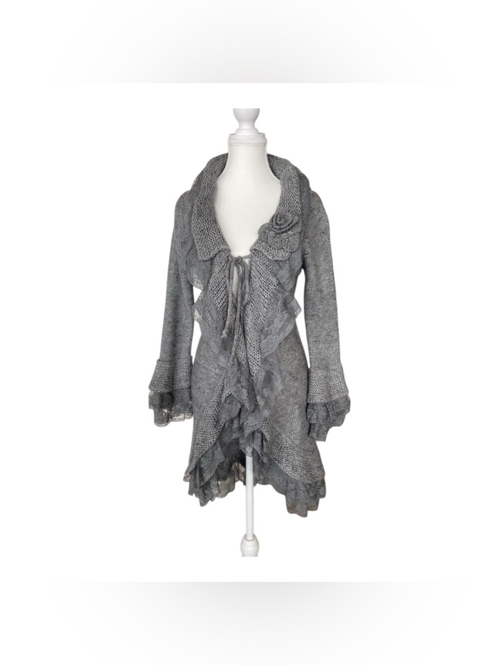 Sioni Grey Knit Lace Cardigan Sweater Coat Boho Romantic Size L